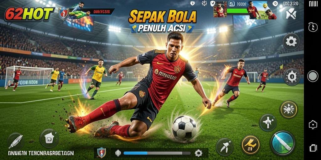 Screenshot gameplay 62HOT menampilkan aksi seru pertandingan sepak bola.