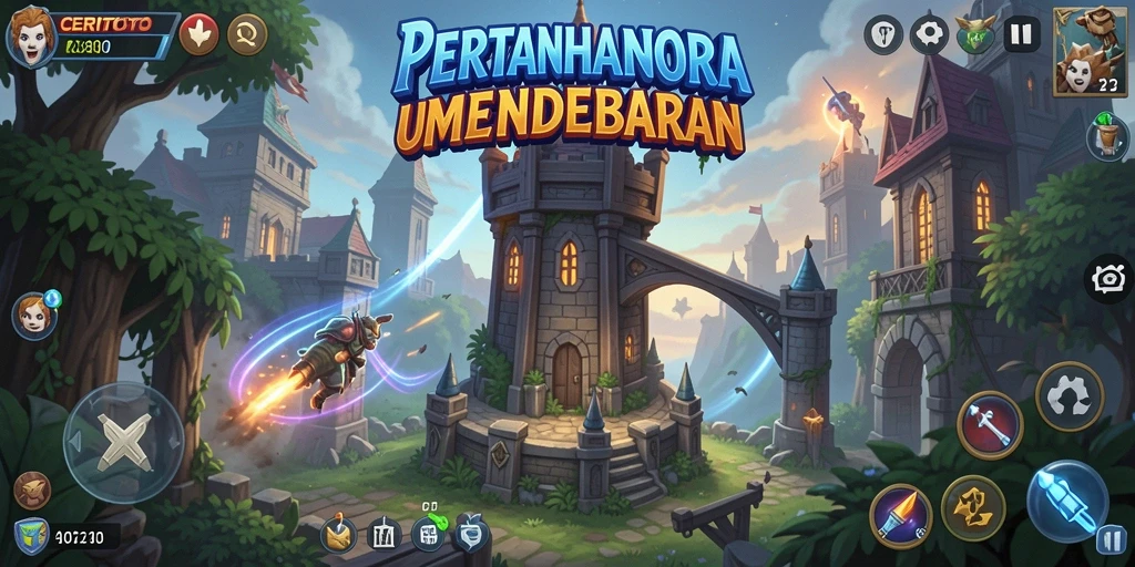 Screenshot gameplay menampilkan pertahanan menara yang strategis dan aksi serangan musuh.