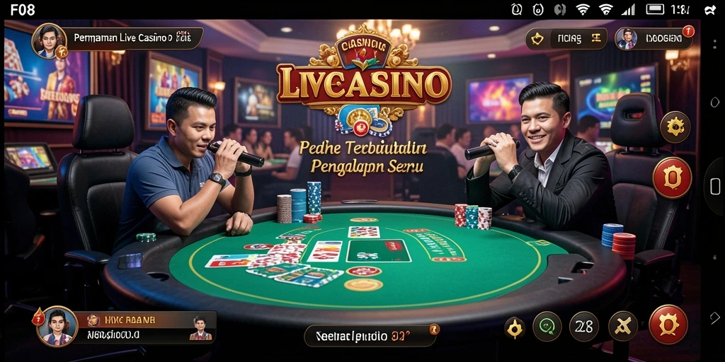 Tangkapan layar F08 menampilkan dealer profesional dalam sesi Live Casino.