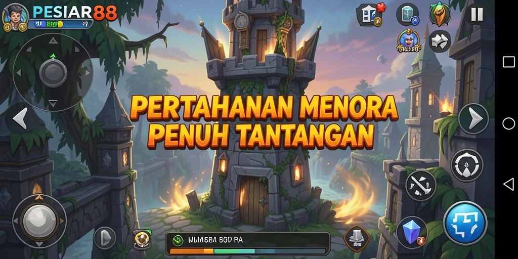 Tampilan gameplay PESIAR88 yang mendebarkan dalam pertahanan menara.