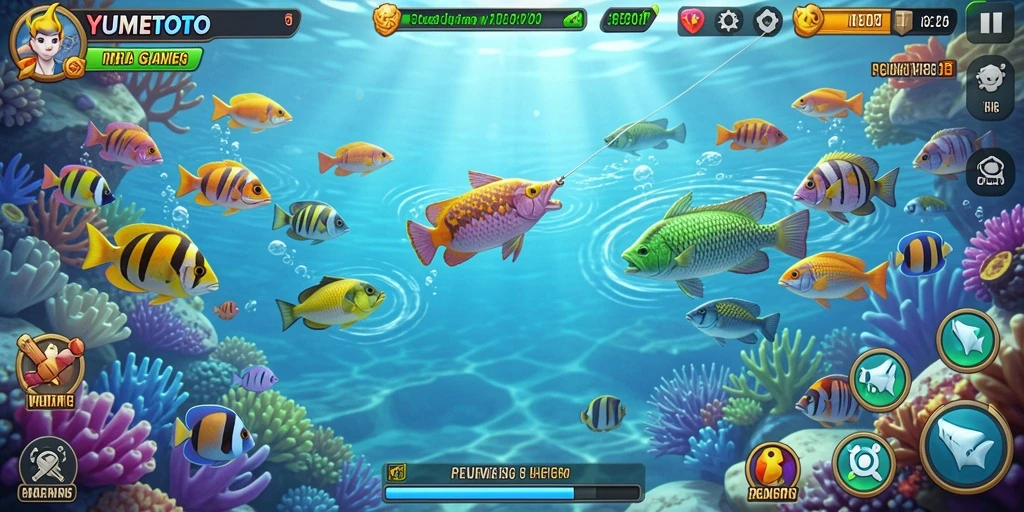 Screenshot gameplay YUMETOTO menampilkan aksi memancing yang menarik.